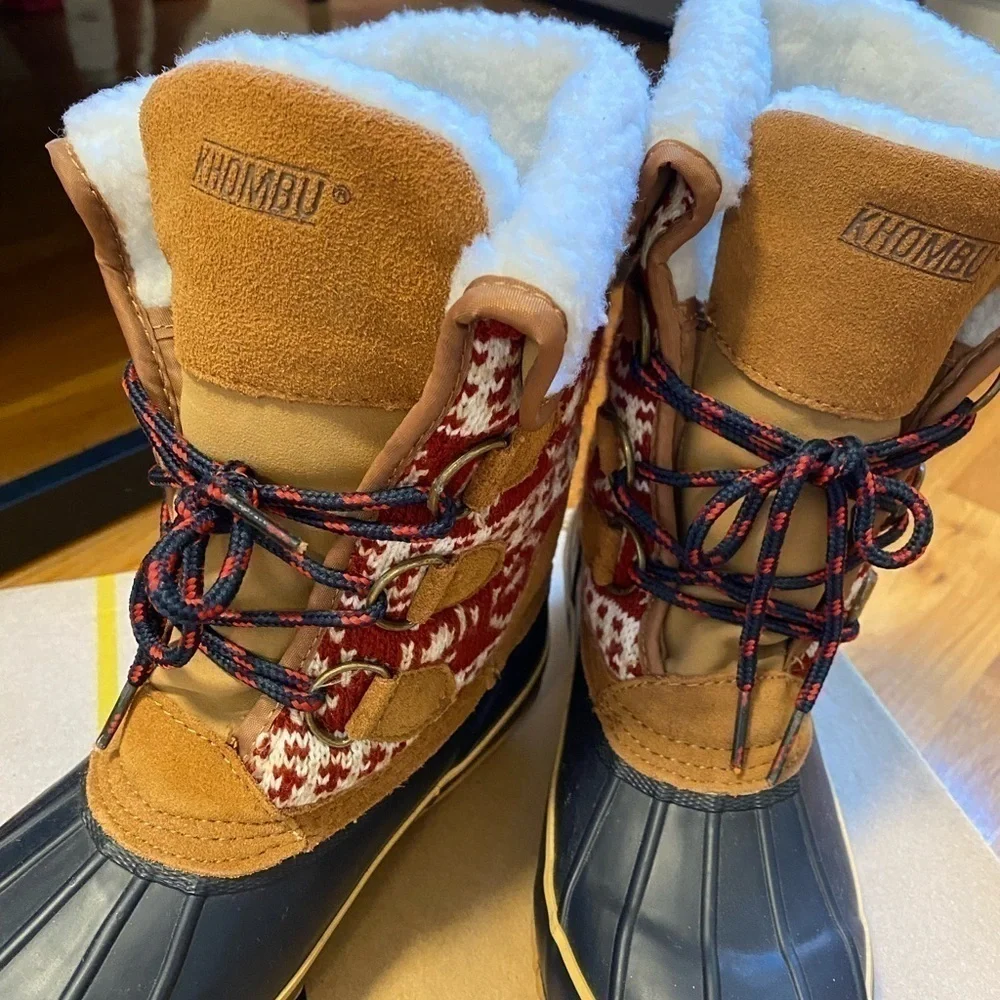 Khombu Snow Fur Sherpa Winter Ankle Boots Tan fair isle size Women 6 | 5.5